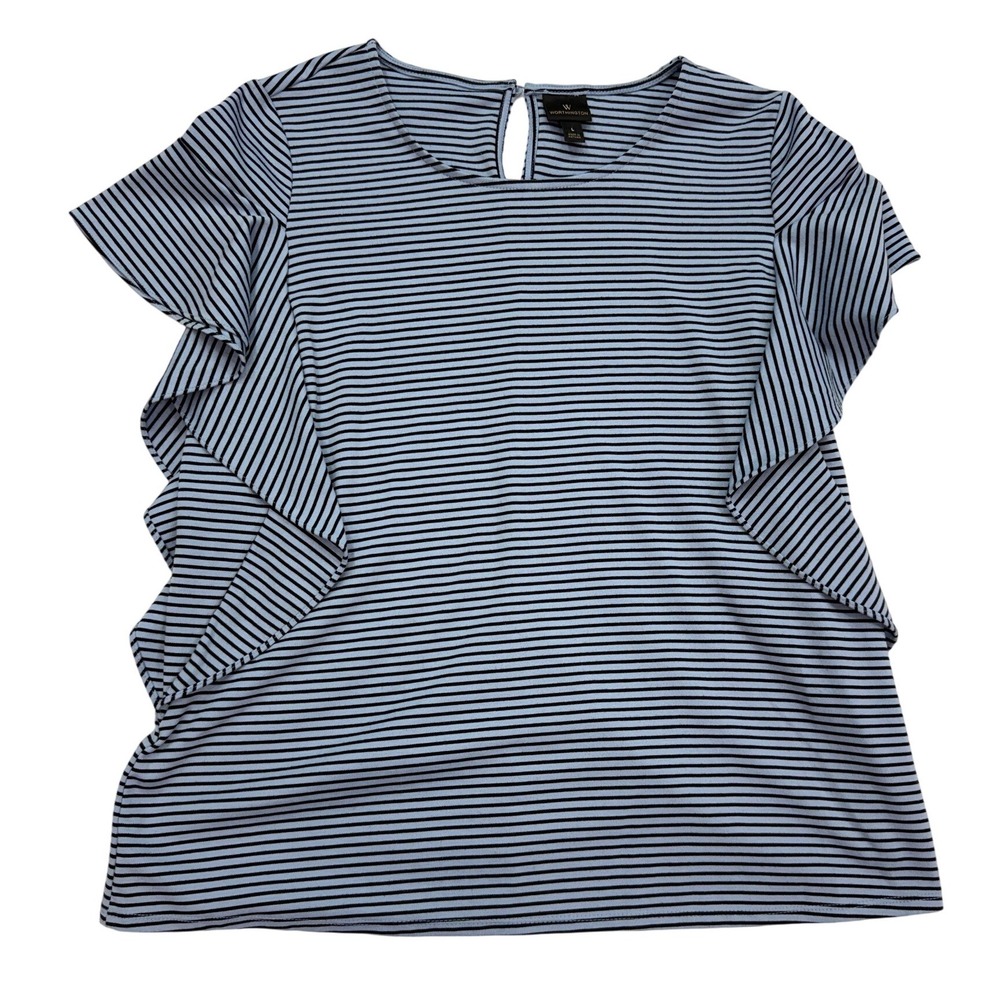 Worthington Ruffle‎ Side Top Women Large Blue Striped Short Sleeve Knit Blouse